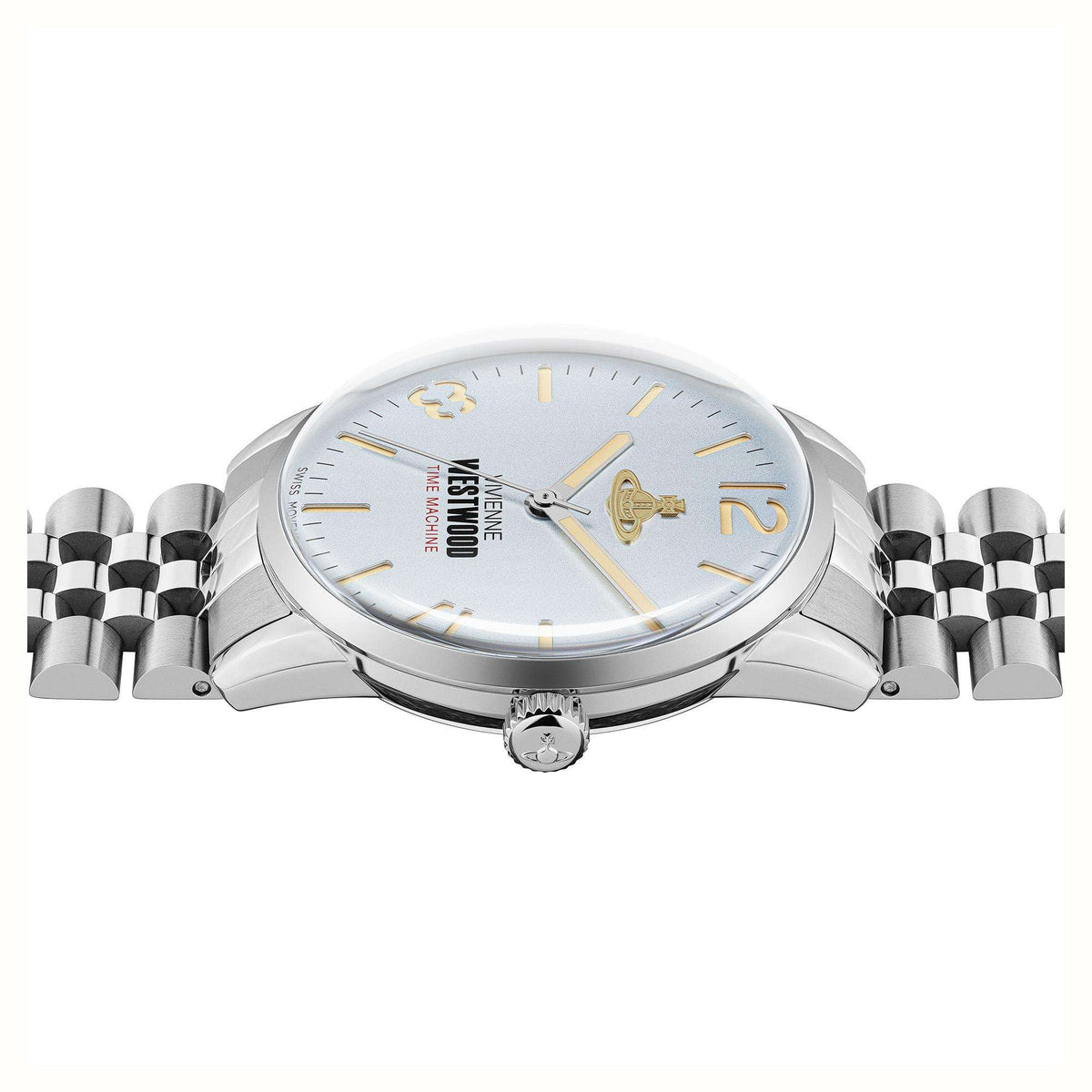Vivienne Westwood Cadogan watch front view, light blue dial with gold numerals and crown