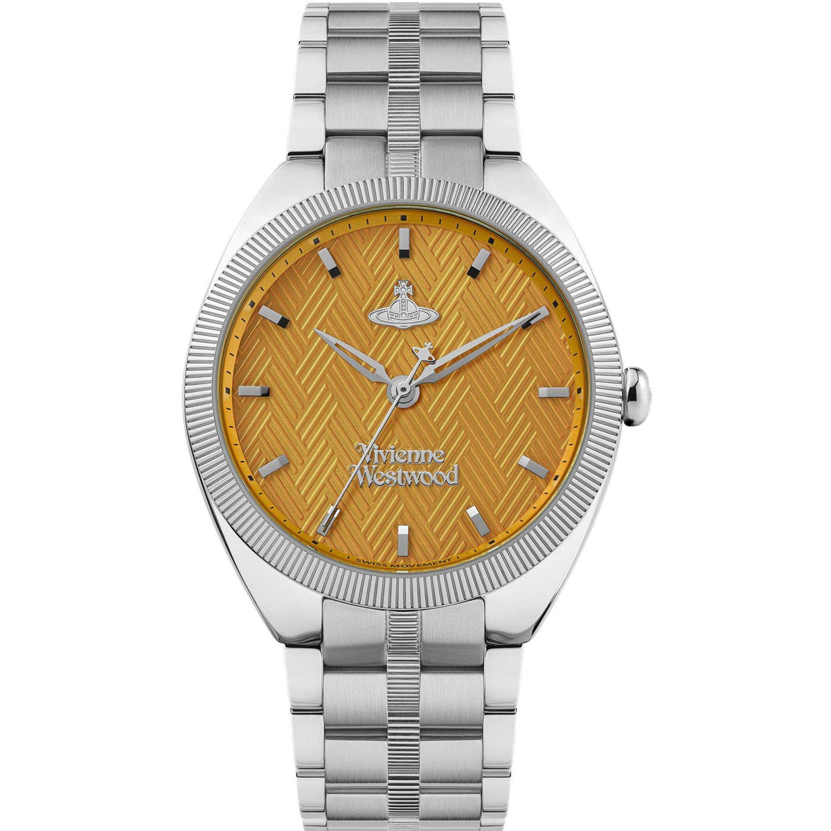 Vivienne Westwood stainless steel bracelet watch with orange patterned dial and black markers