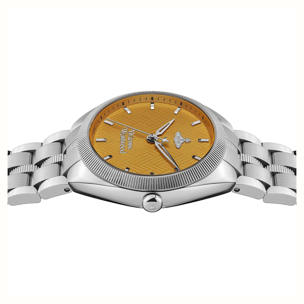 Vivienne Westwood watch with orange dial and stainless bracelet, straight-on view with crown