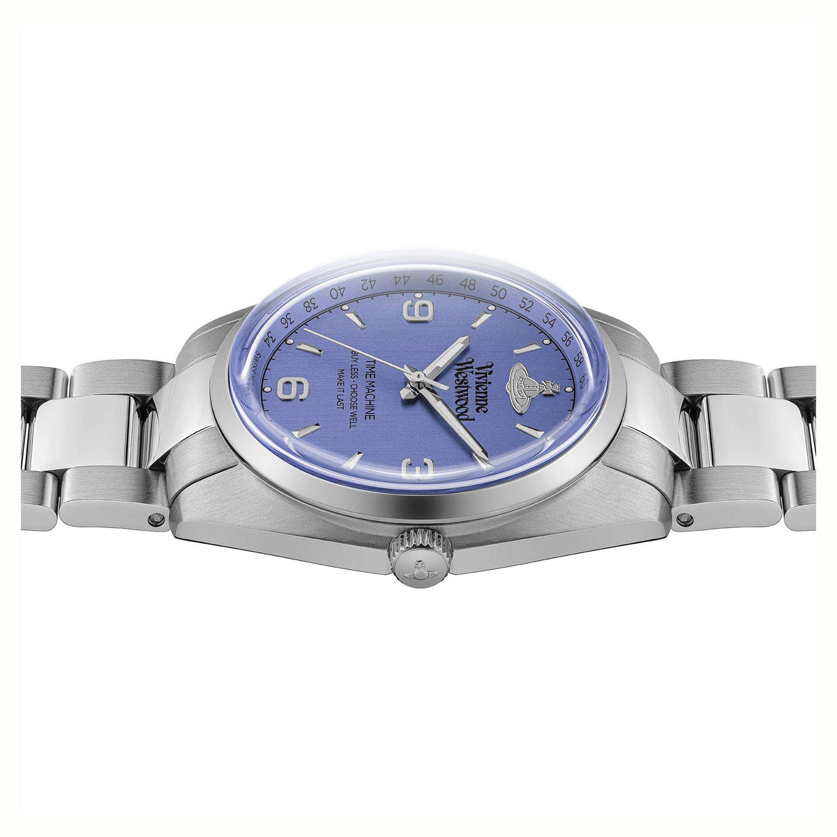 Blue dial stainless steel watch viewed from above with crown and brushed bezel