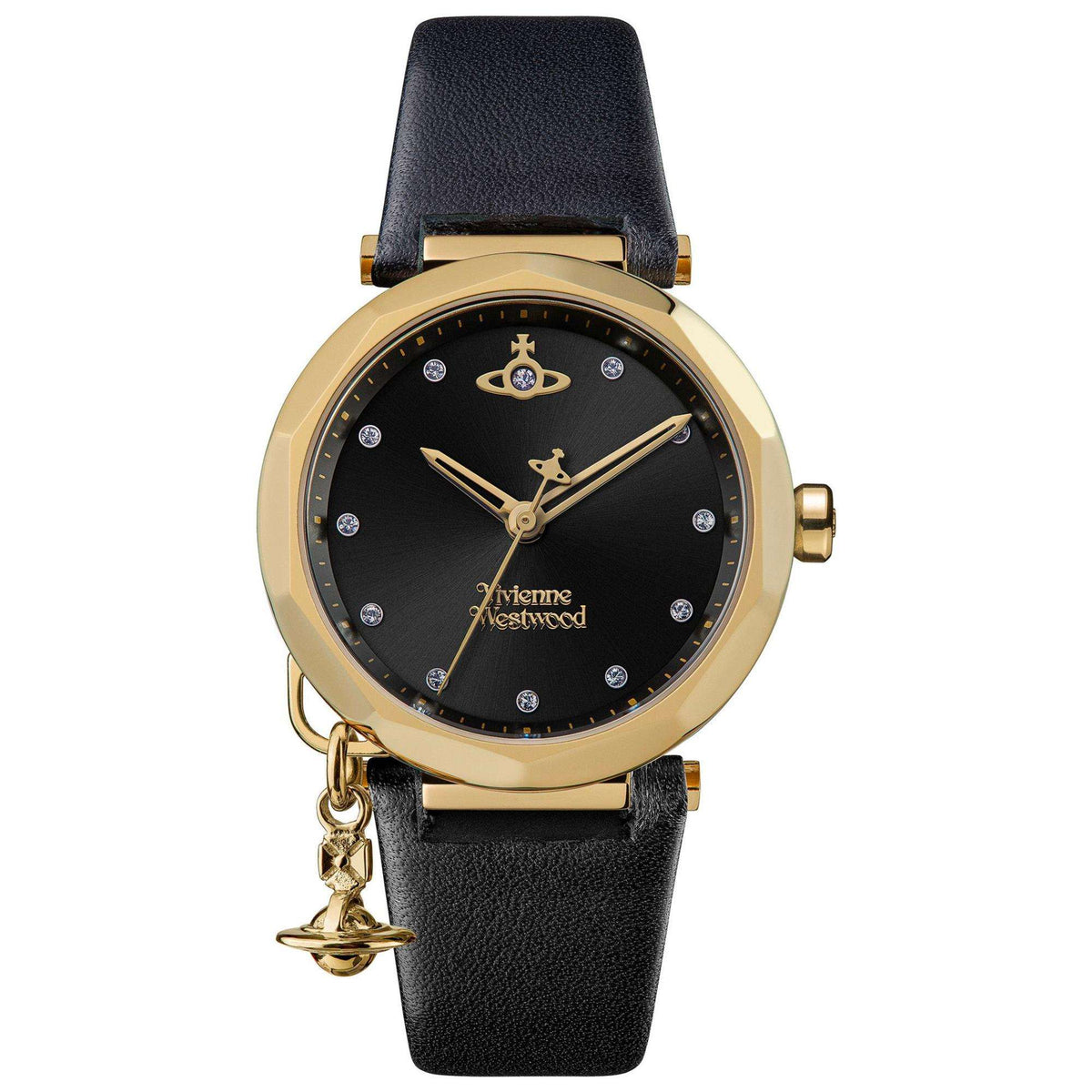 Gold-tone round ladies watch with black dial and black leather strap, dangling charm