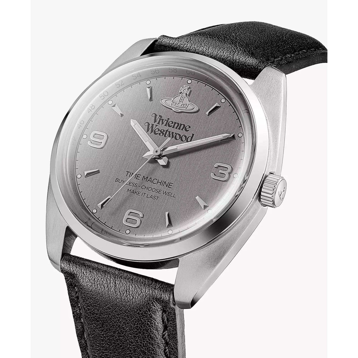 Side view of Vivienne Westwood watch with gray dial, black leather strap, and silver crown