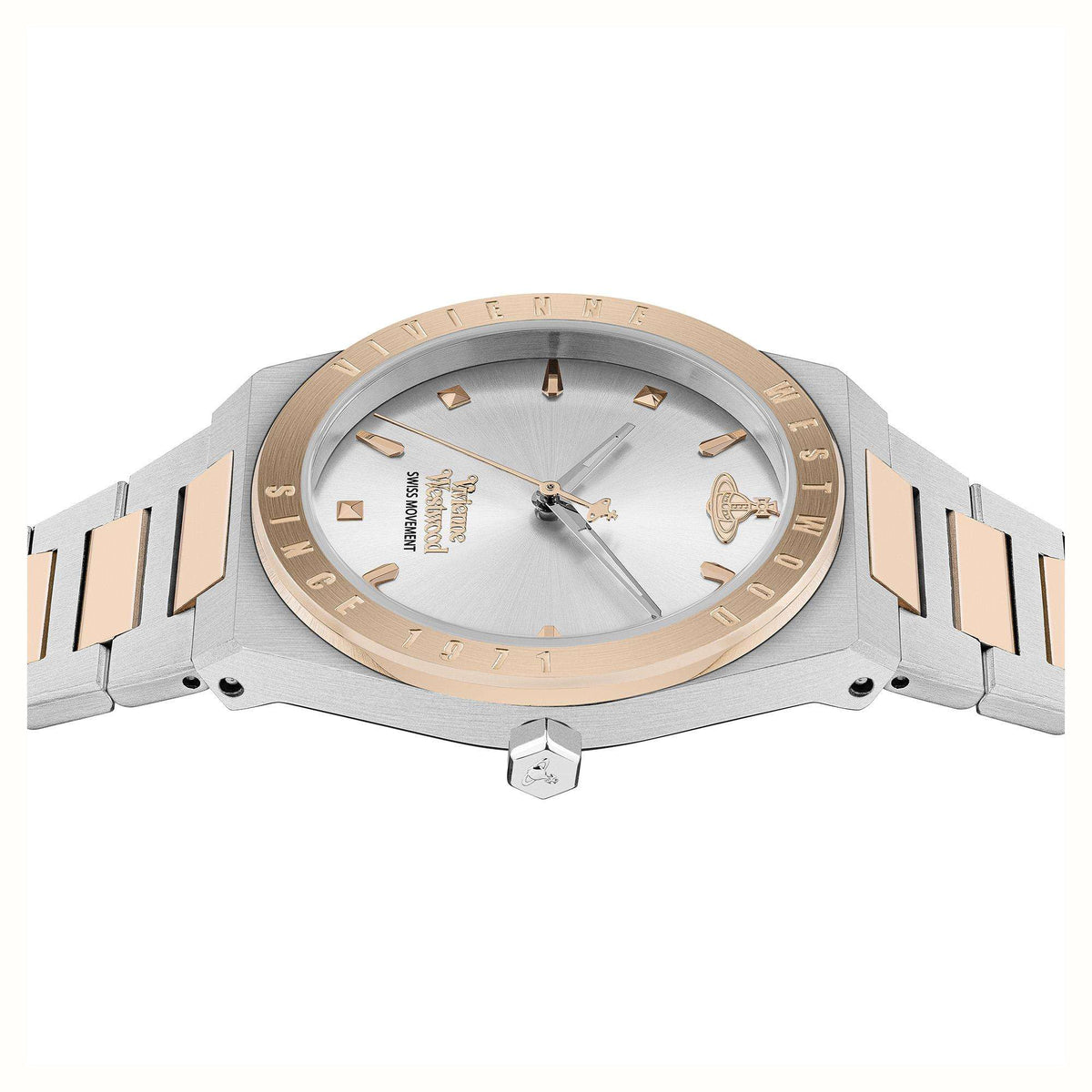 Two-tone stainless steel watch with silver dial and rose-gold accents, side angle view