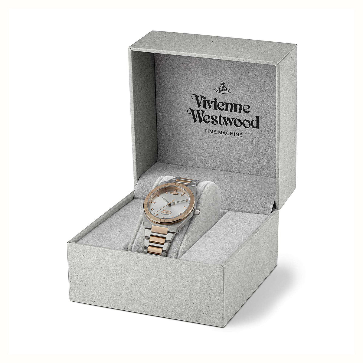 Watch presentation box with Vivienne Westwood branding and two-tone stainless bracelet watch