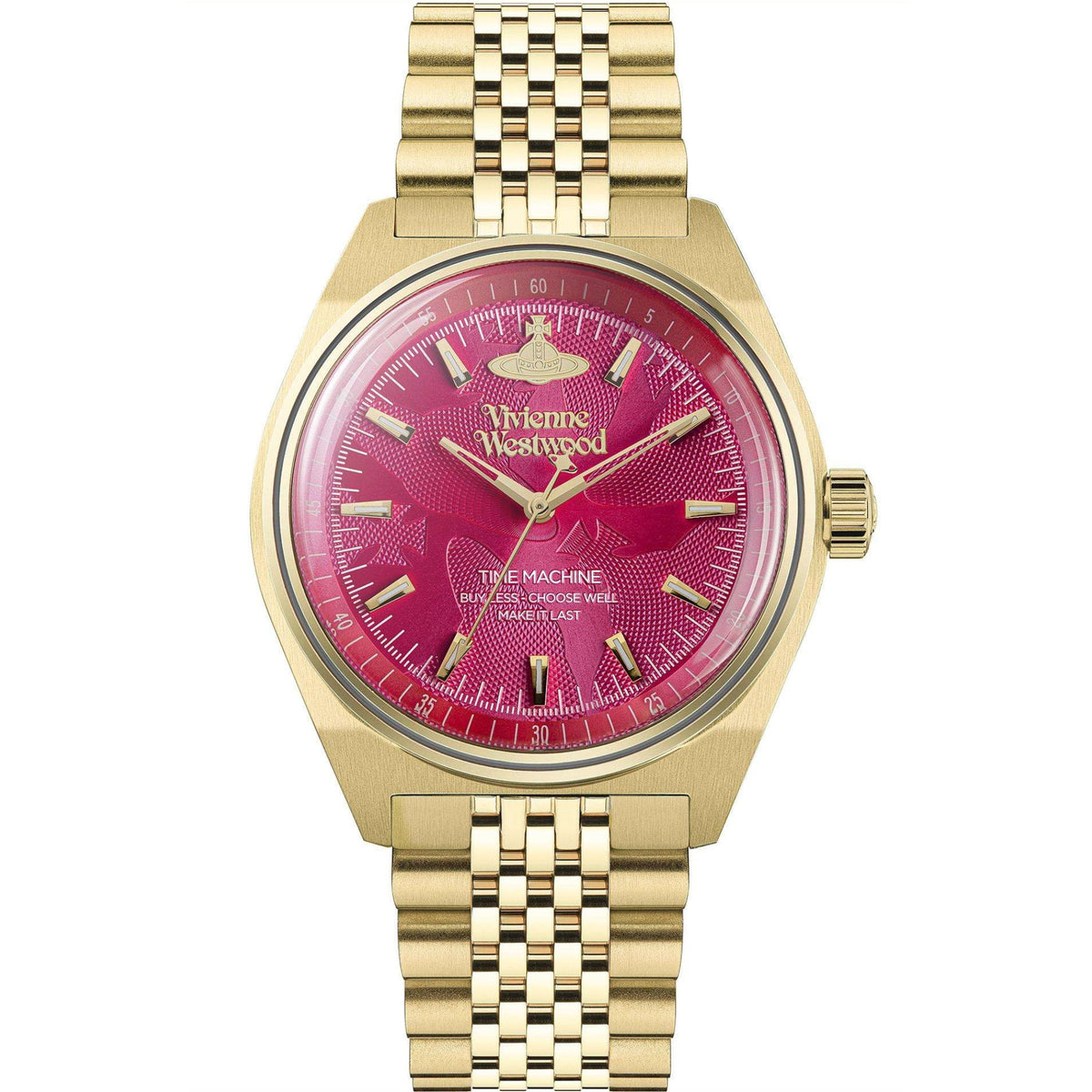 Gold-tone stainless steel wristwatch with pink dial and linked bracelet, round case