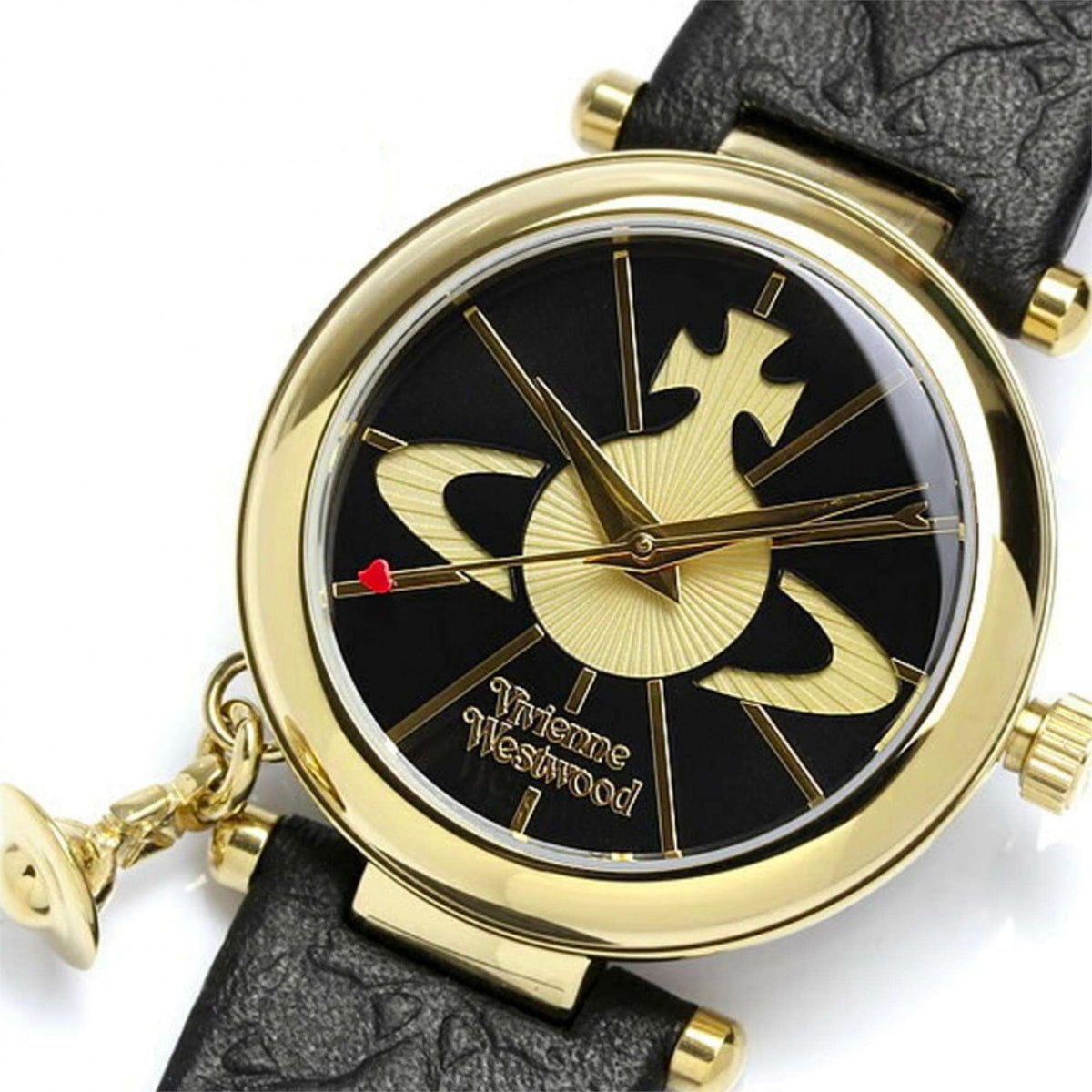 Vivienne Westwood Orb II gold-tone round quartz watch with black dial, gold hands, and black leather strap