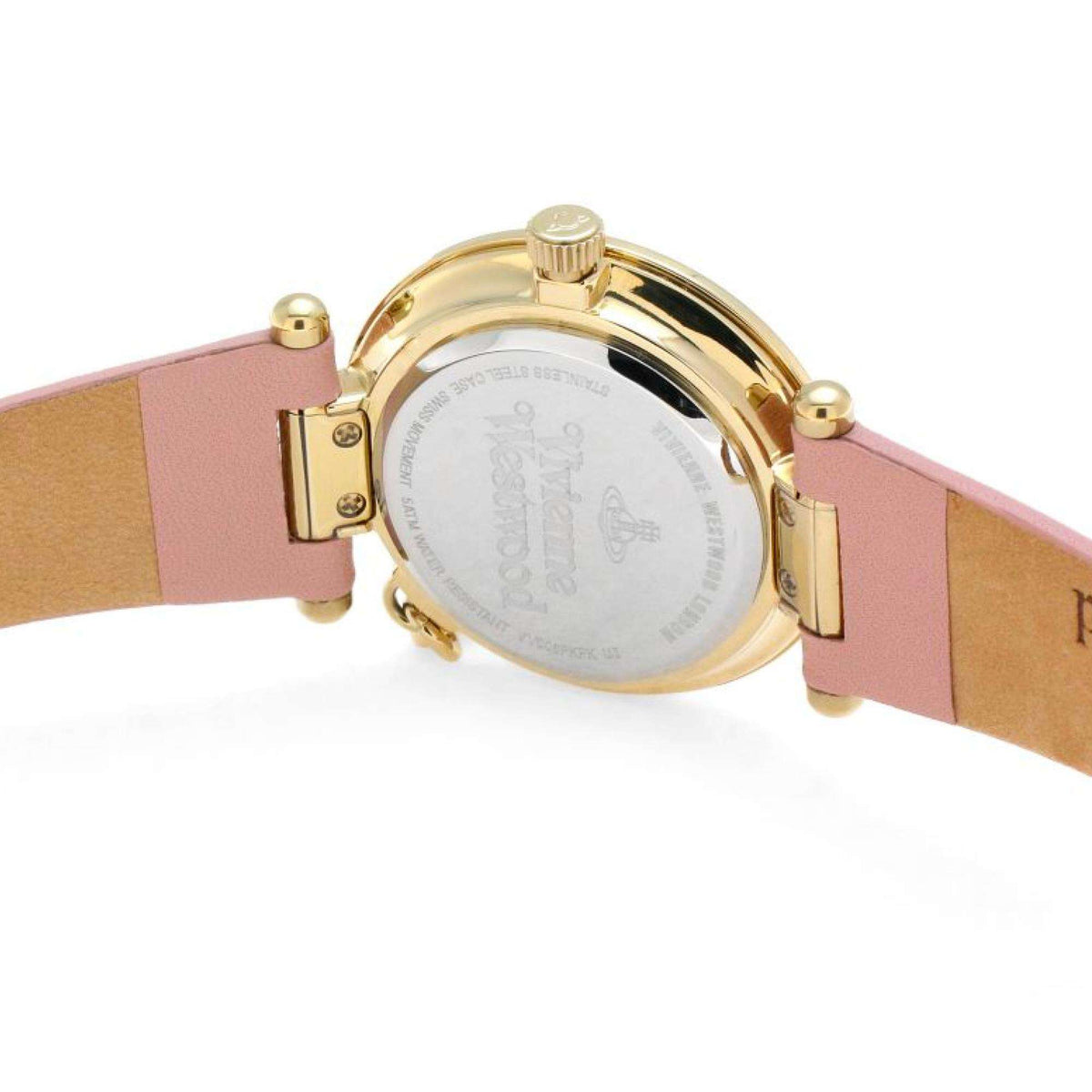 Rear view of Vivienne Westwood Orb II VV006PKPK ladies wristwatch showing stainless steel case back and pink strap underside