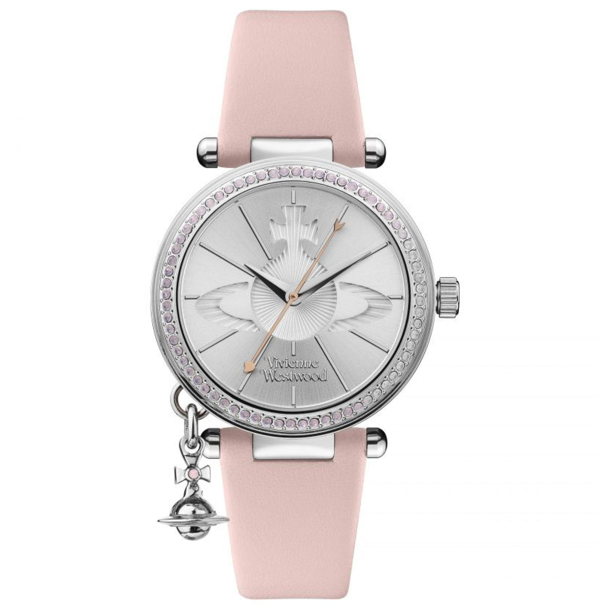 Vivienne Westwood Orb Pastelle VV006SLPK womens quartz analogue timepiece with silver dial, crystal-embellished bezel, pink leather strap, and orb charm