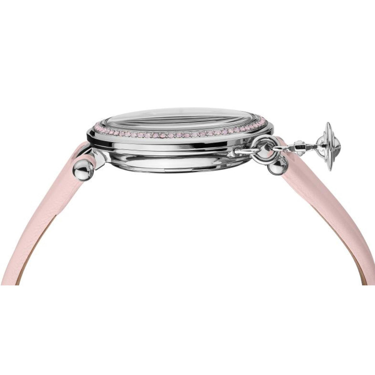 Horizontal side profile of Vivienne Westwood Orb Pastelle VV006SLPK womens watch featuring slim case design, pink leather strap, and hanging orb charm