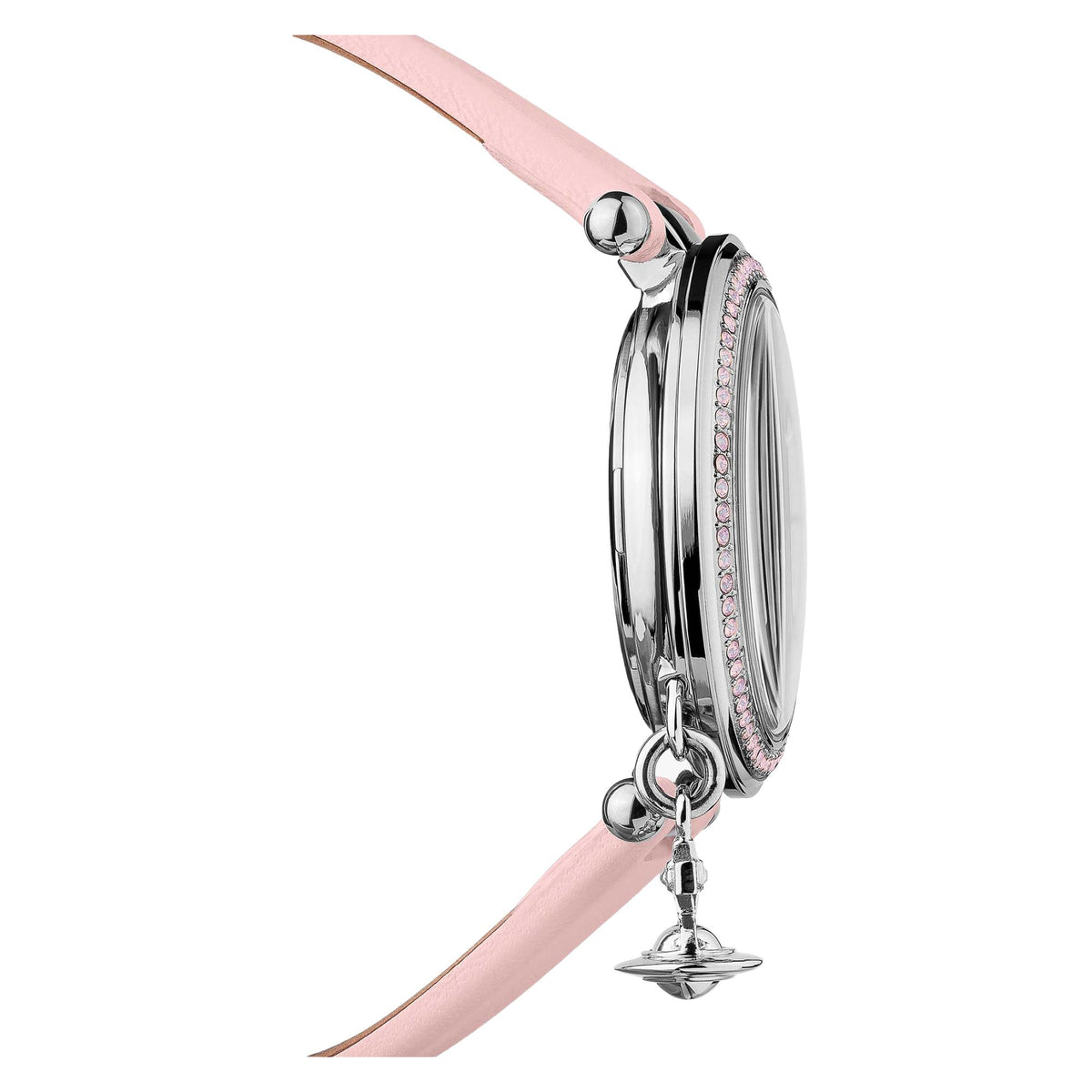 Vertical side profile of Vivienne Westwood Orb Pastelle VV006SLPK womens wrist watch highlighting crystal-bezel detailing and metallic casing