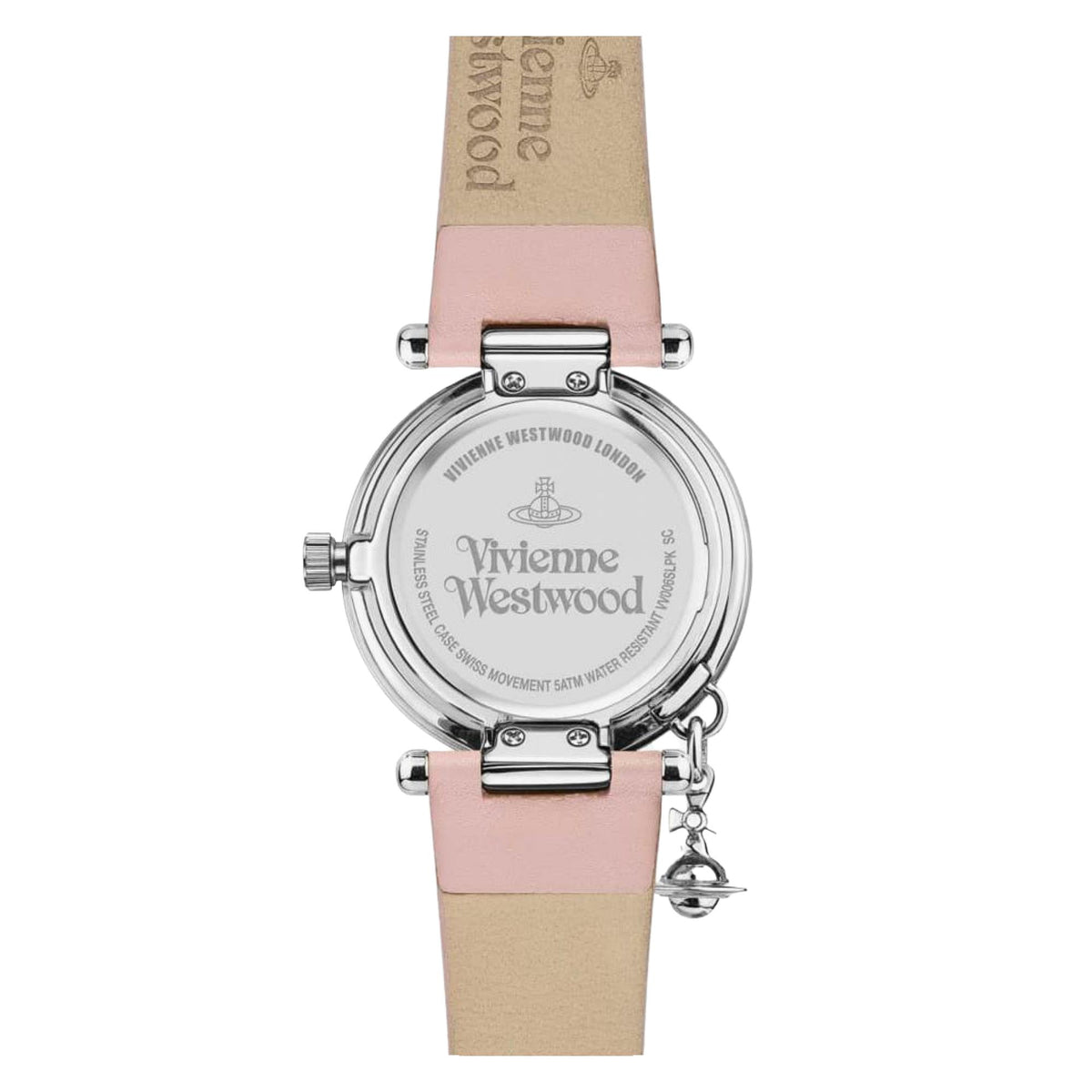 Rear view of Vivienne Westwood Orb Pastelle VV006SLPK womens watch displaying engraved stainless steel case back and strap lining