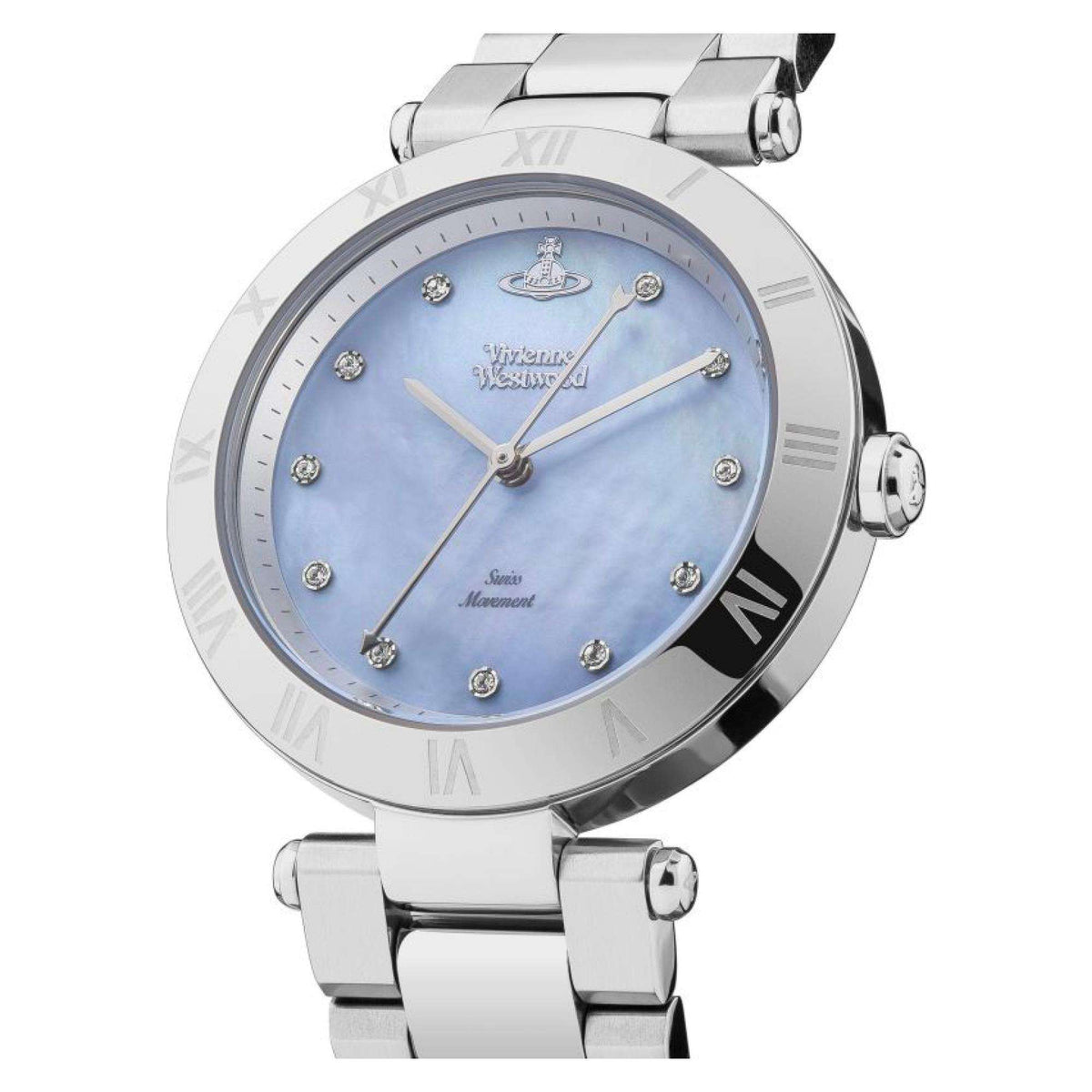 Vivienne Westwood Montagu VV206BLSL angled view highlighting the blue mother of pearl dial and steel bezel