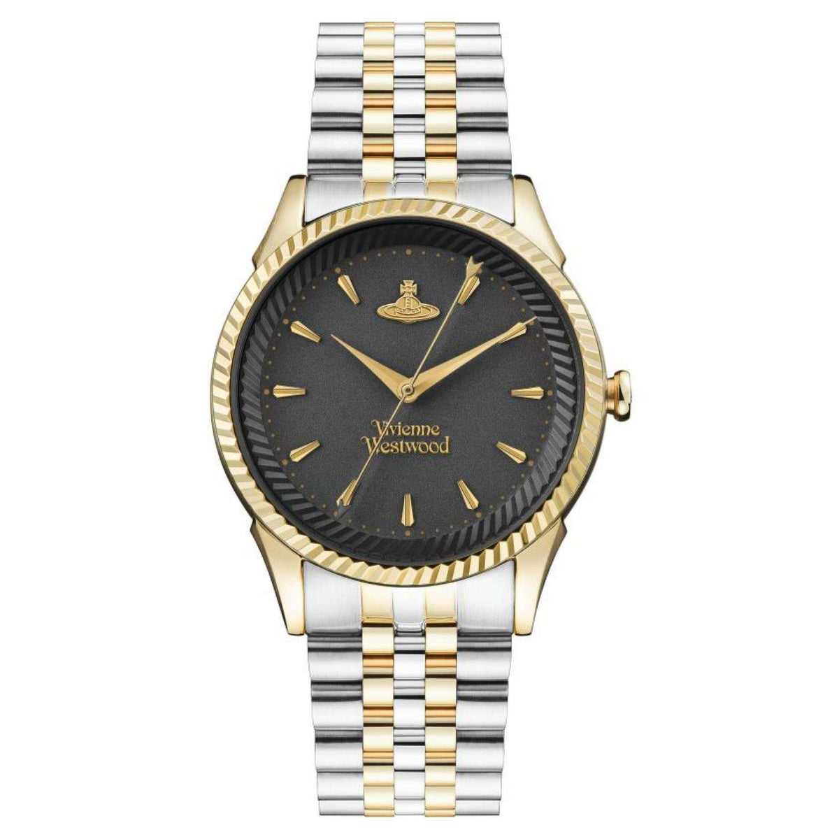 Two-tone stainless steel ladies watch with black dial, gold bezel, and striped bracelet.