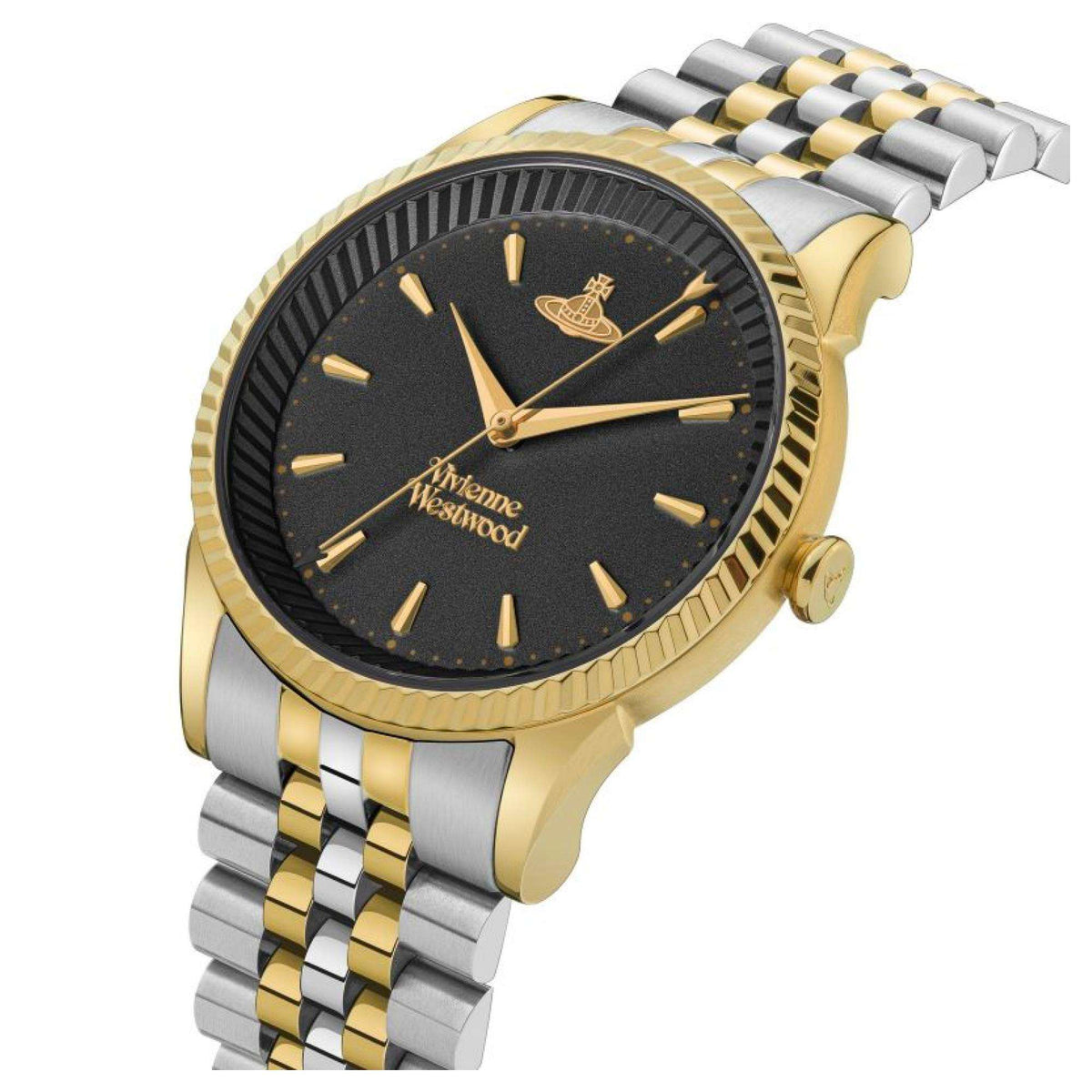 Two-tone stainless steel ladies watch, side view with black dial and gold accents on bezel.