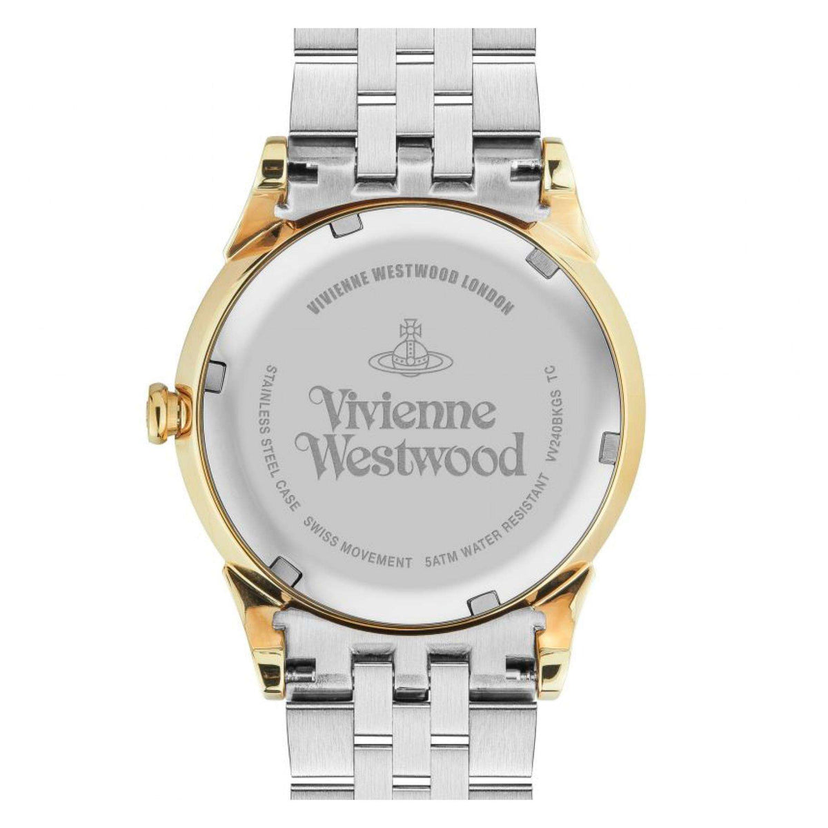 Two-tone stainless steel watch case back with engraved markings and silver bracelet links.