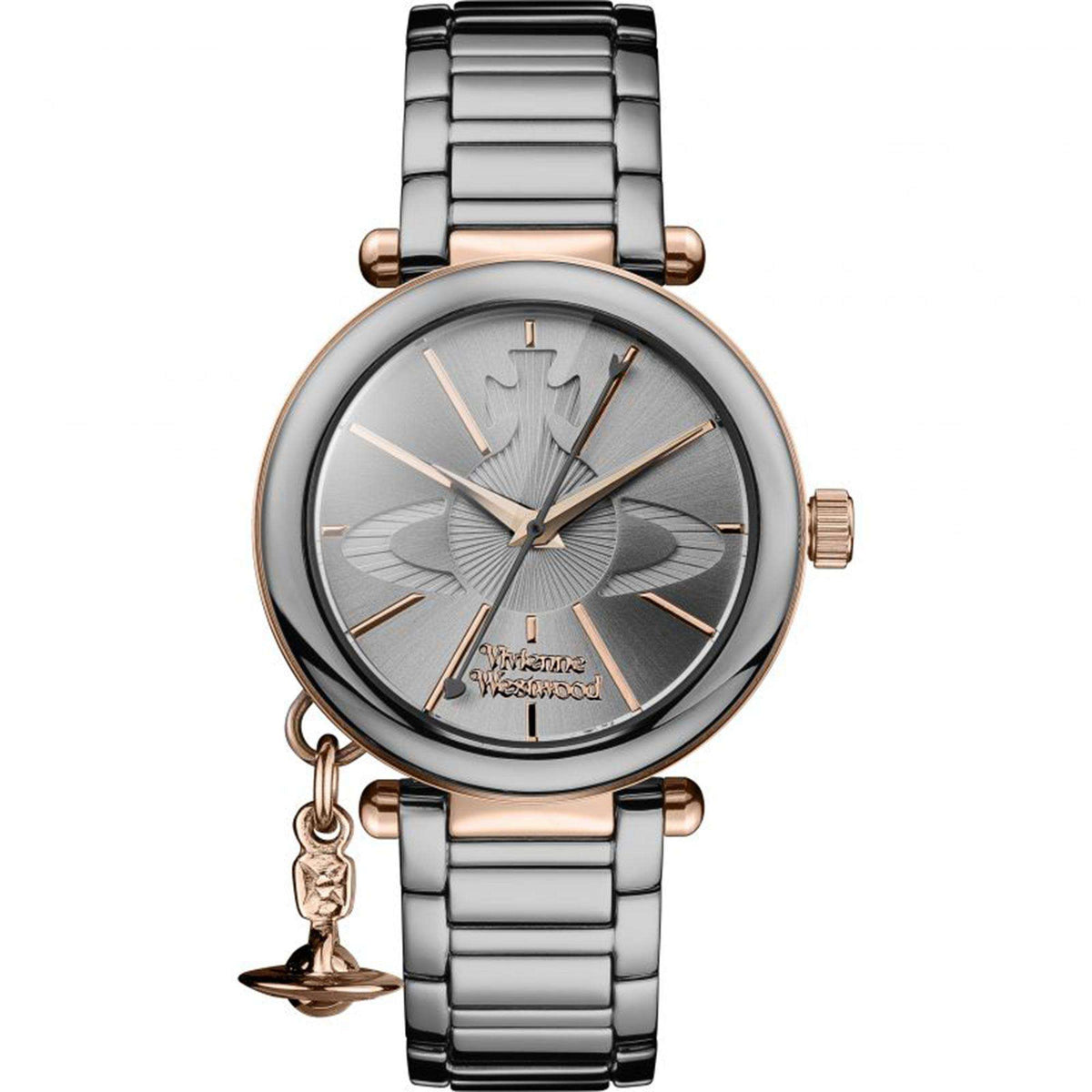 Vivienne Westwood Kensington VV067SLTI womens analogue timepiece featuring a silver dial, rose-tone accents, two-tone bracelet, and orb charm