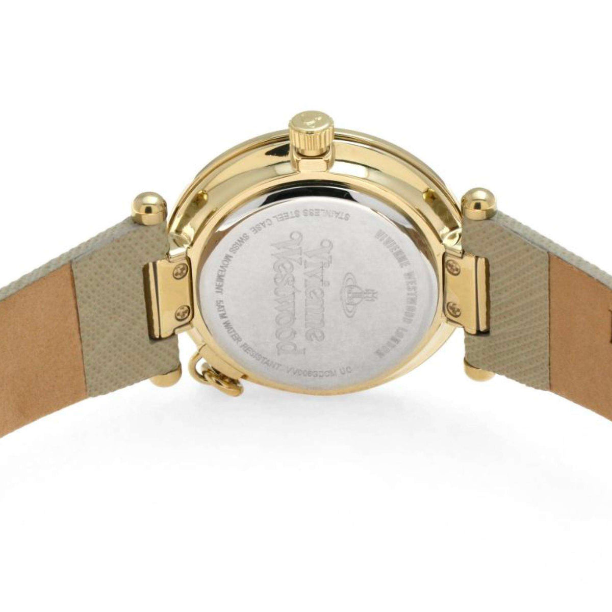 Ladies quartz wristwatch back view with gray leather strap and gold-tone case