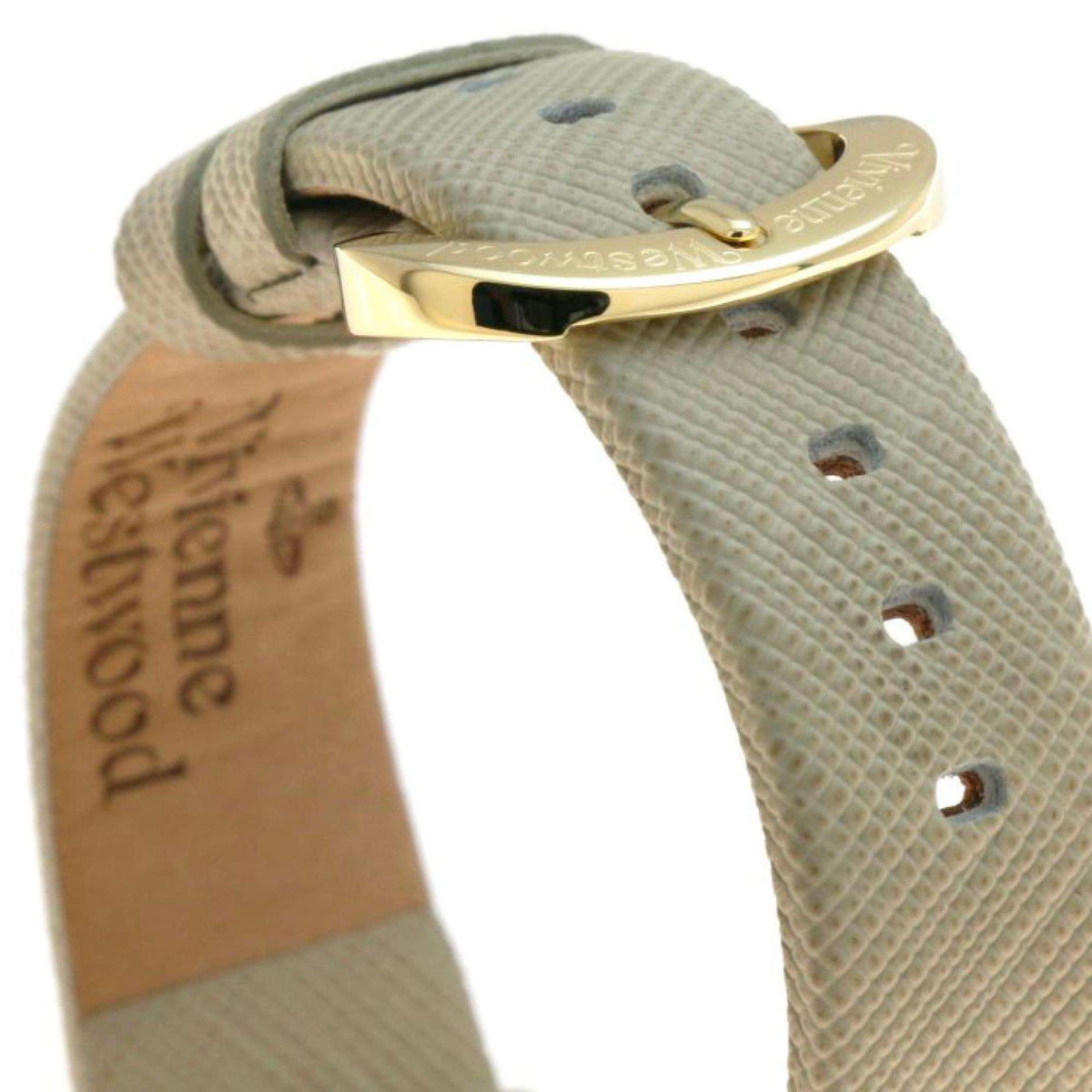 Gray leather watch strap with gold-tone clasp and pin buckle