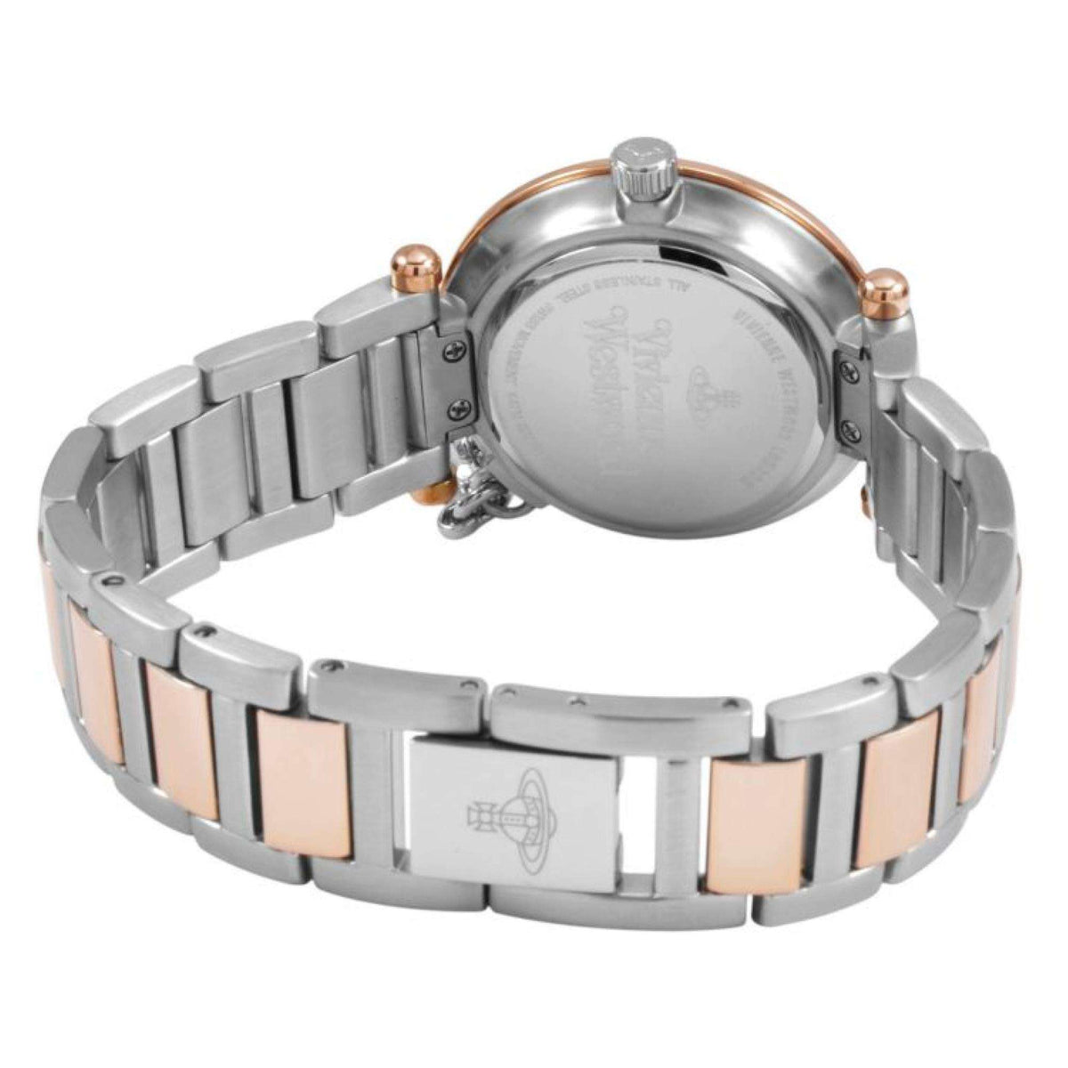 Rear perspective of Vivienne Westwood Orb VV006RSSL womens watch displaying engraved case back and branded clasp