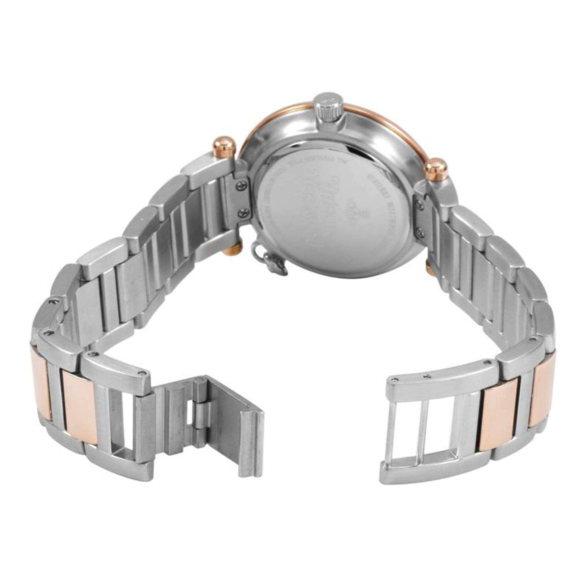 Vivienne Westwood Orb VV006RSSL womens watch with unclasped stainless steel bracelet showing inner band detail