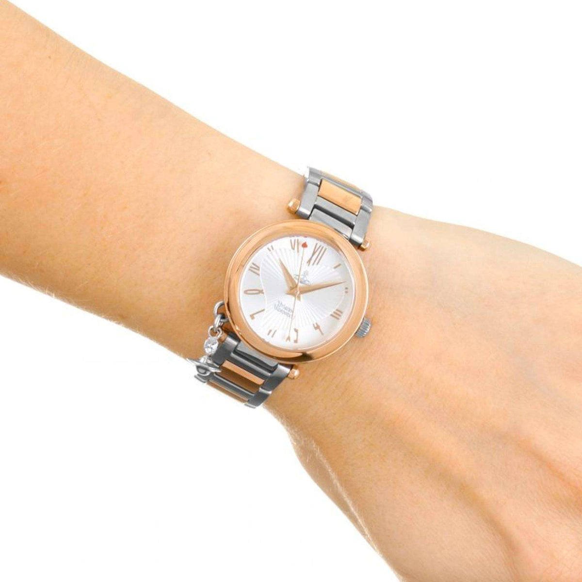 Vivienne Westwood Orb VV006RSSL womens wrist watch with silver dial displayed on wrist