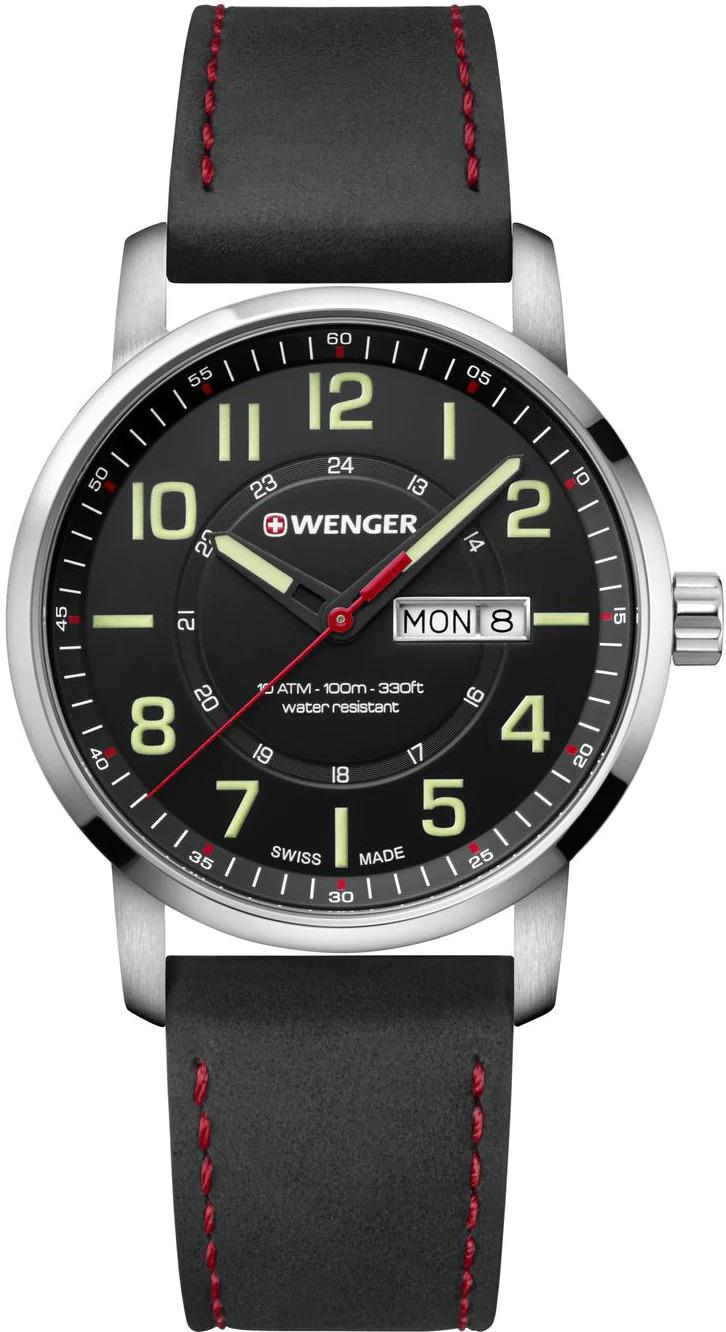Wenger men's quartz watch with black dial, red date window, black leather strap, steel case