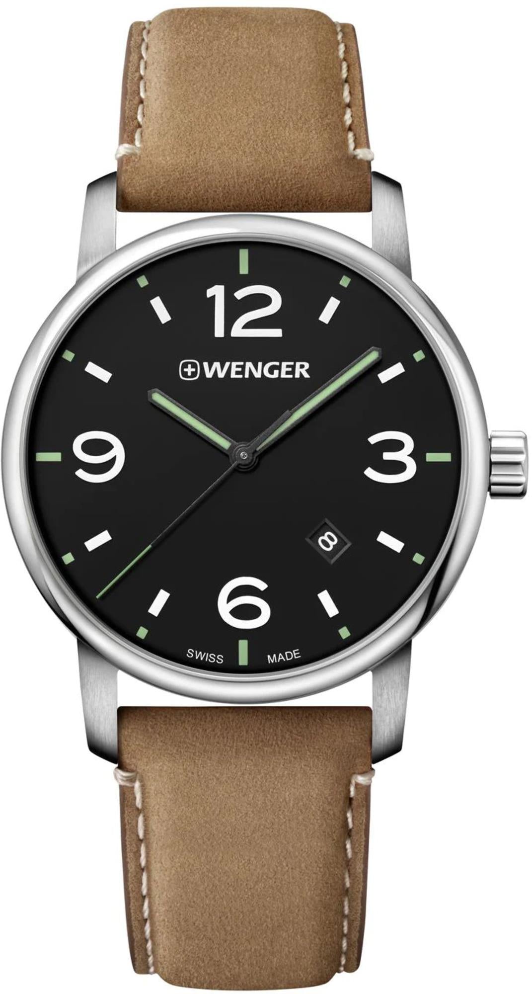 Men's quartz watch with black dial, green markers, and brown leather strap; silver case