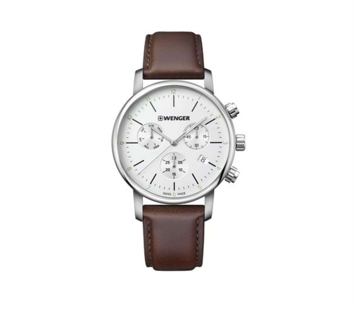 Men's chronograph watch with white dial, three subdials, and brown leather strap