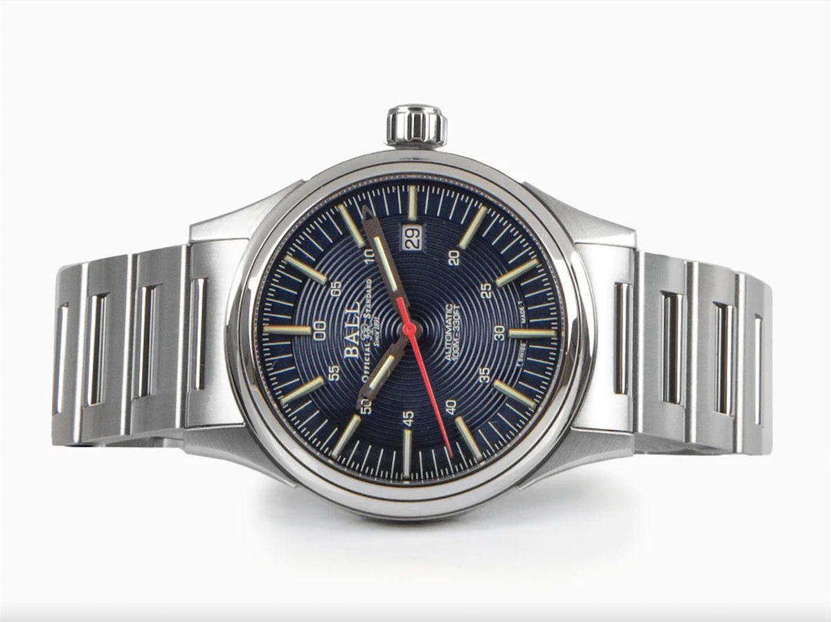 Men's stainless steel watch with blue dial, Arabic markers, and metal bracelet