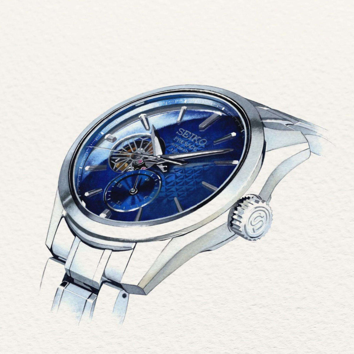 Seiko Presage SPB417J1 artistic watercolor illustration angled view