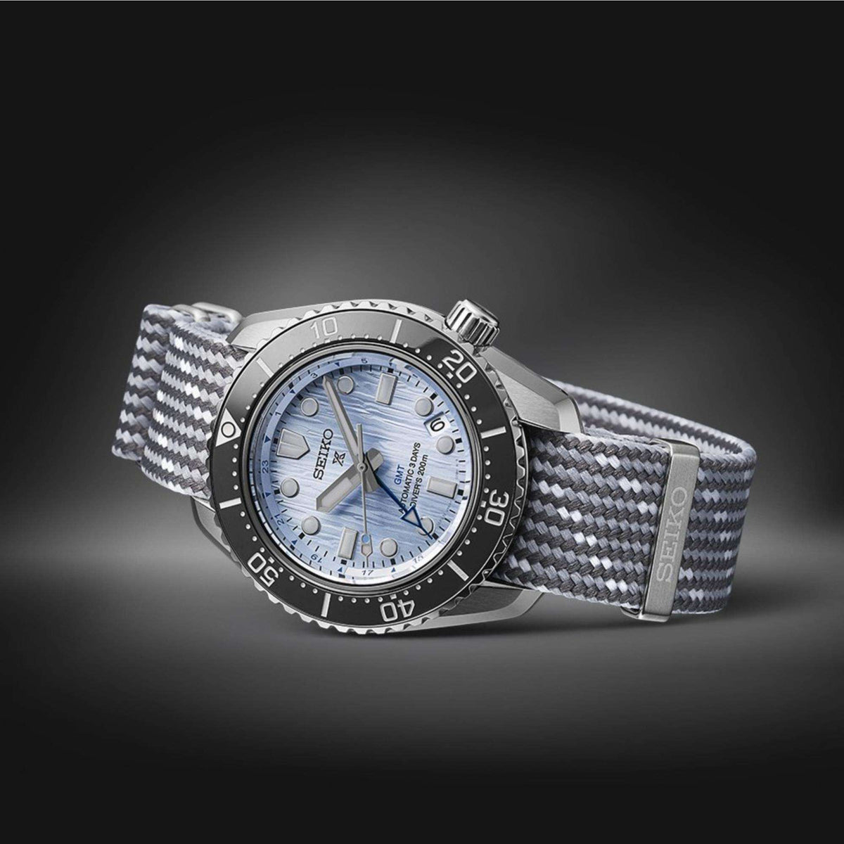 Seiko Prospex SPB385J1 with grey and white braided polyester fabric strap