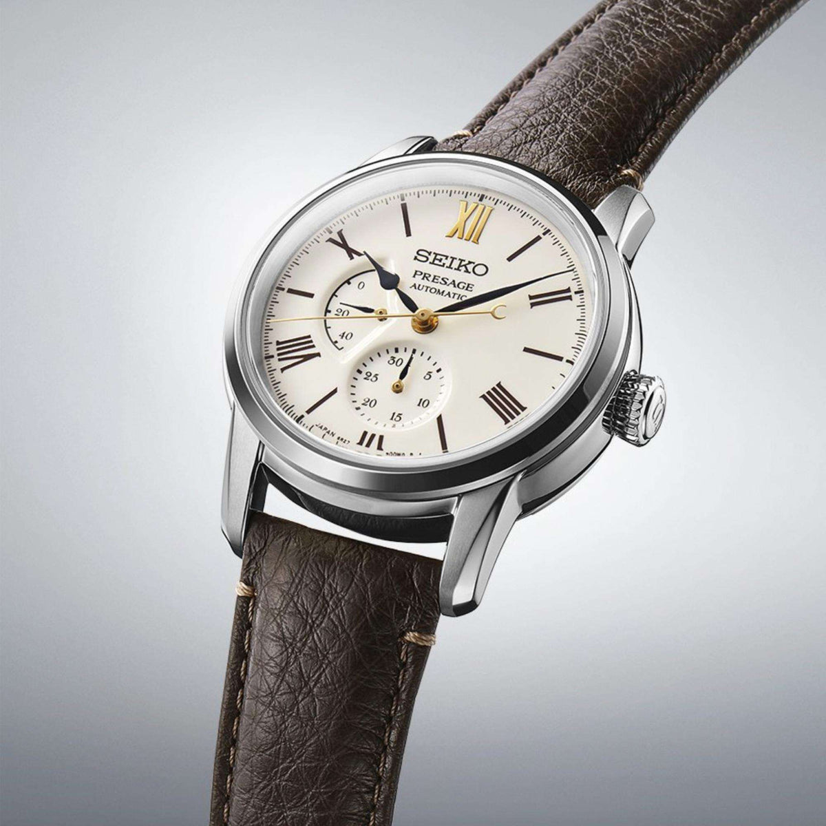 Seiko Presage "Laurel Arita porcelain" SPB397J1 angled perspective view and brown leather strap detail
