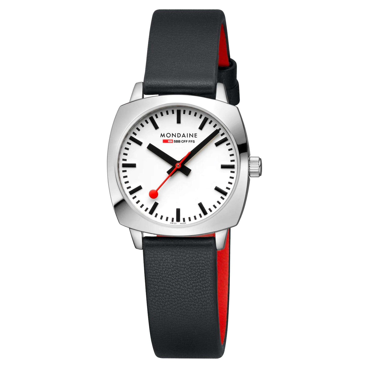 Mondaine Petite Cushion MSL.31110.LBV studio shot displaying white dial with cushion case profile and leather strap