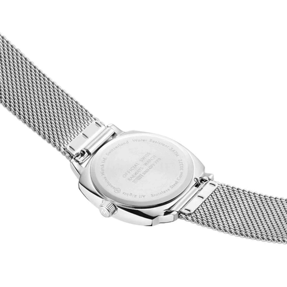 Mondaine cushion watch caseback on steel mesh bracelet, engraved back, crown
