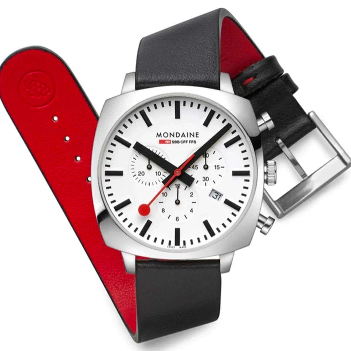 Mondaine Grand Cushion MSL.41410.LBV.SET angled view showing black leather strap with red lining underside