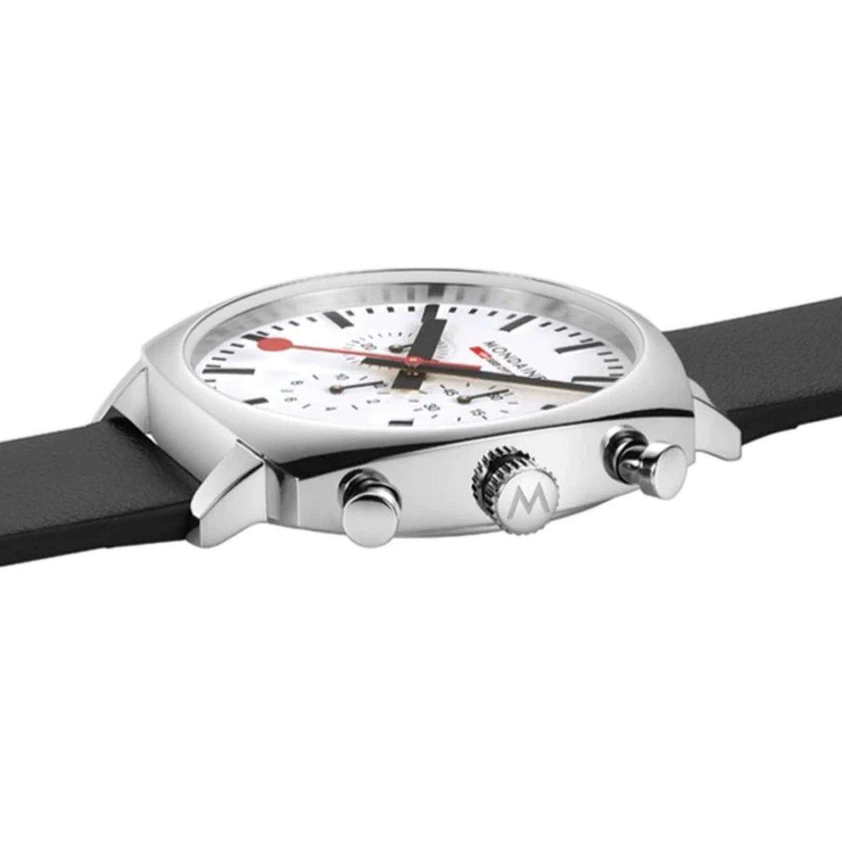 Mondaine Grand Cushion MSL.41410.LBV.SET side profile showing crown, pushers, and engraved M logo
