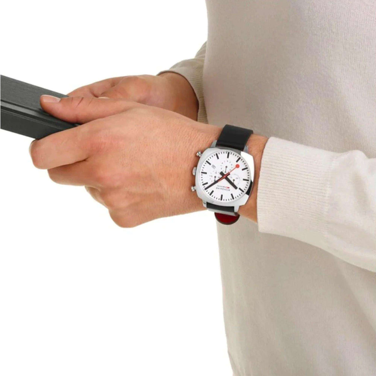 Mondaine Grand Cushion MSL.41410.LBV.SET cushion-case chronograph watch styled on the wrist in casual attire