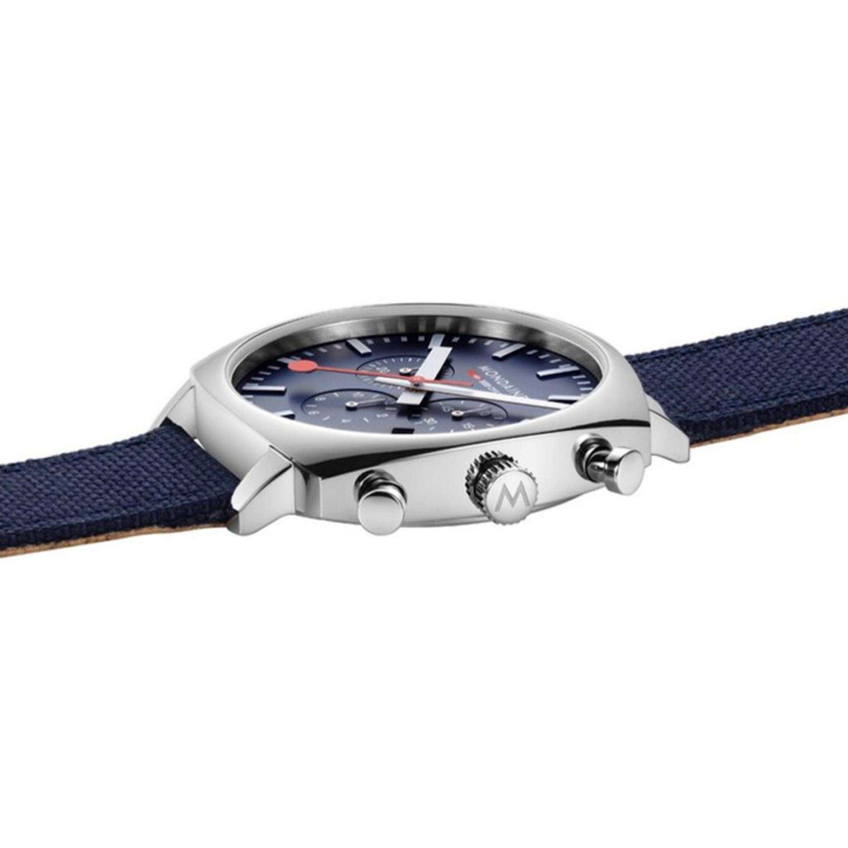 Square watch with blue dial, silver case, and navy textile strap