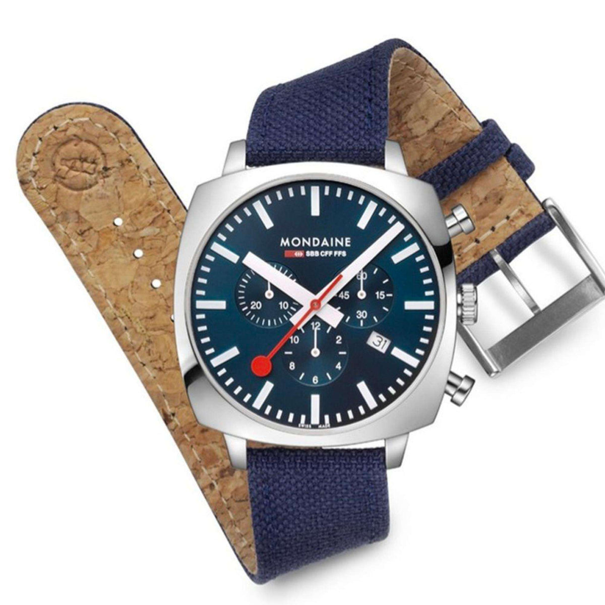 Mondaine square chronograph-style watch with blue dial and navy textile strap