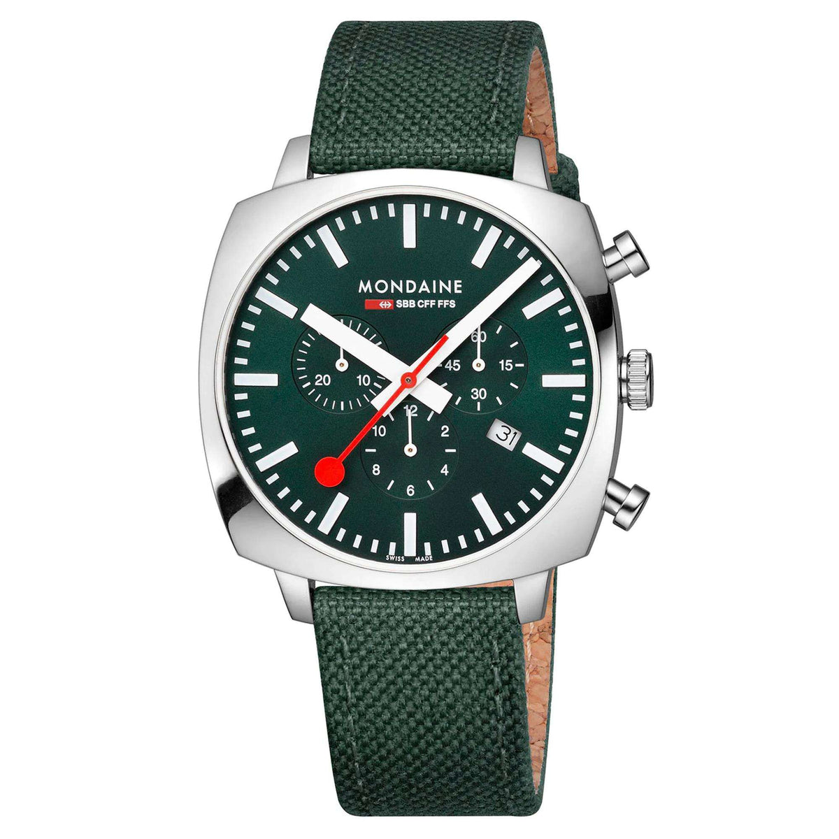 Men's chronograph watch with green dial, red accents, and green textile strap