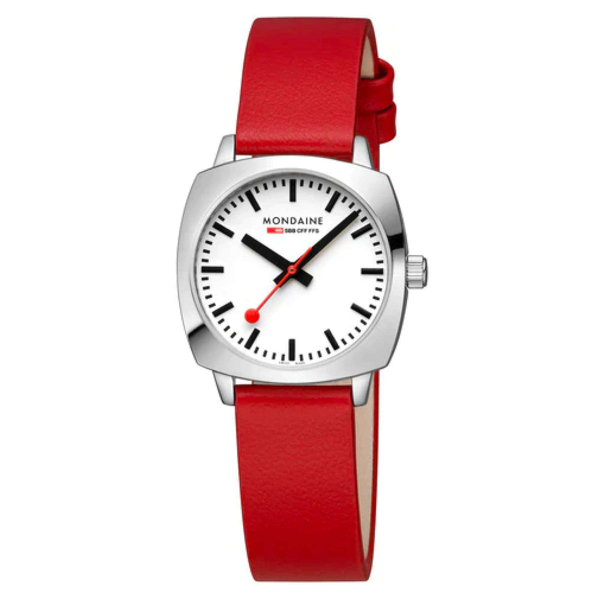Mondaine ladies quartz wristwatch with white dial, red leather strap, silver-tone case