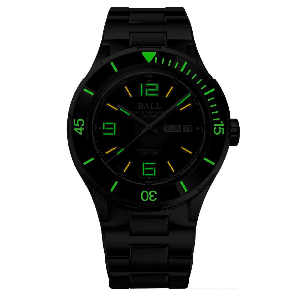 Men's automatic watch with black dial, green luminous markers, and dark rubber strap