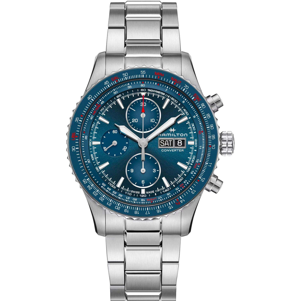 Men's steel chronograph watch with blue dial, three subdials, and date window