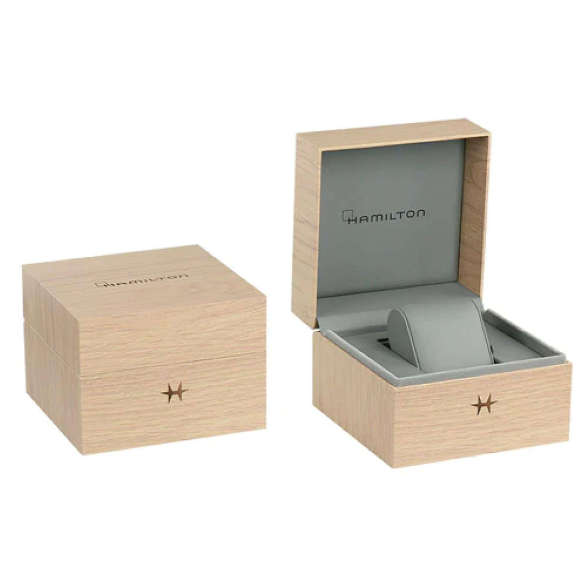 Wood watch gift box with open lid and gray interior insert, star logo on front