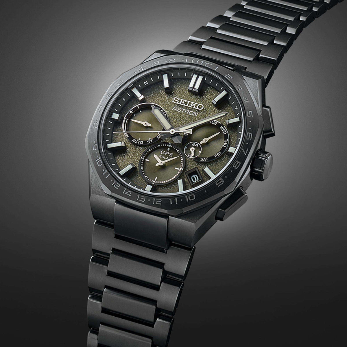 Angled view of the watch accentuating the black case and dial under studio lighting.