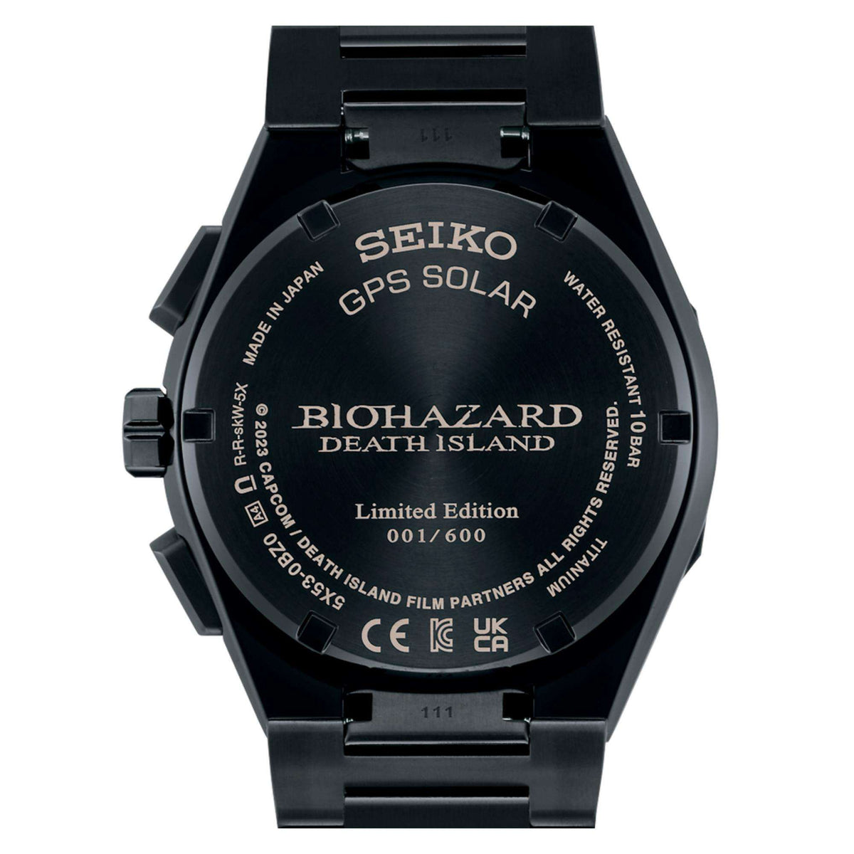 The black titanium case back featuring specialized engravings, including the 'Biohazard Death Island' title logo and the limited edition 001 out of 600 mark.