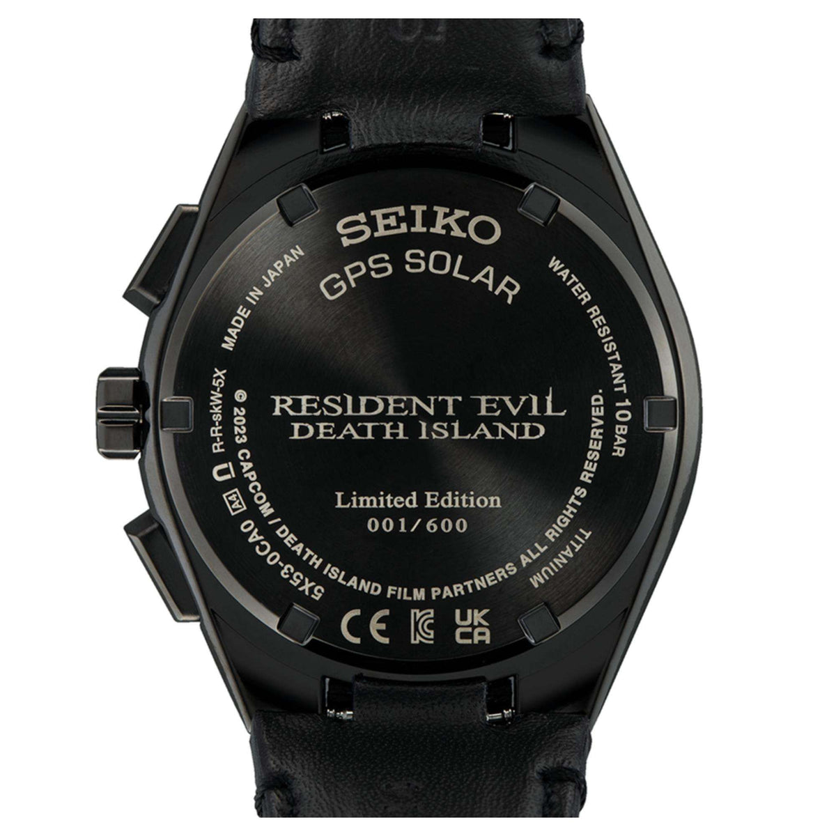 The black titanium case back showing engraved details, including the Resident Evil Death Island movie logo and its individual limited edition number out of 600.