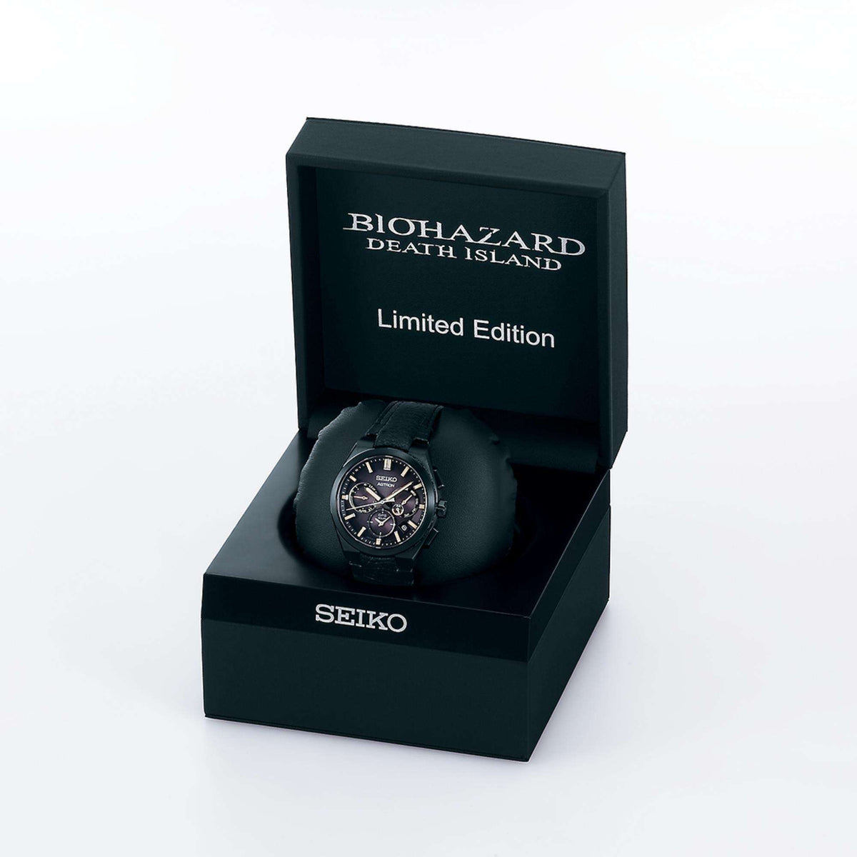 The limited edition watch displayed inside its black presentation box, featuring 'Biohazard Death Island Limited Edition' printed on the inside lid.