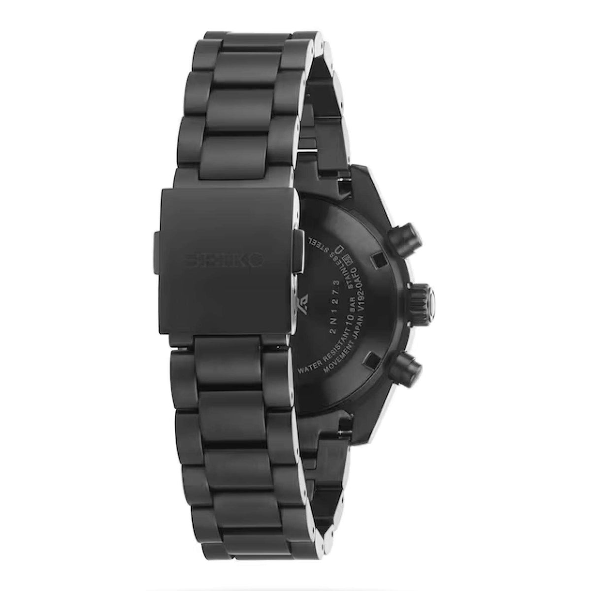 Seiko Prospex 'Black Series' Speedtimer SSC917P1 case back and steel bracelet clasp