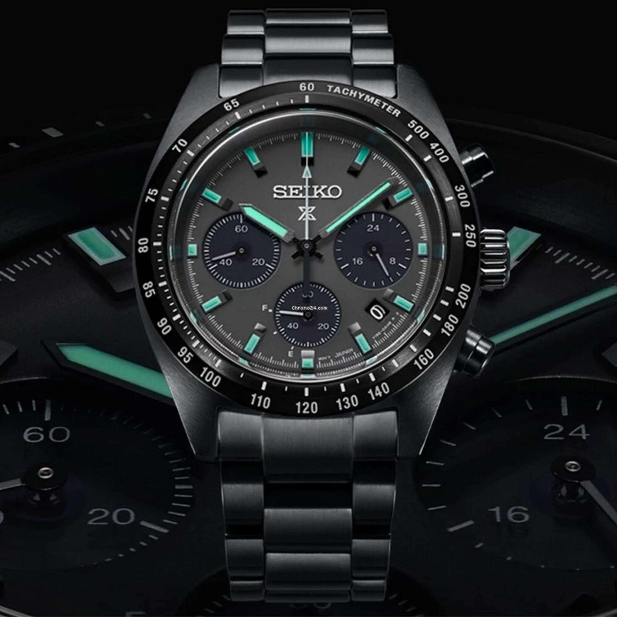 Seiko Prospex 'Black Series' Speedtimer SSC917P1 close up of luminous hands and indices